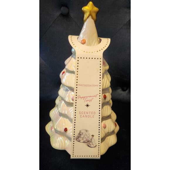 White Ceramic Christmas tree with Peppermint Twist Scented Candle 9" Tall - Picture 2 of 8